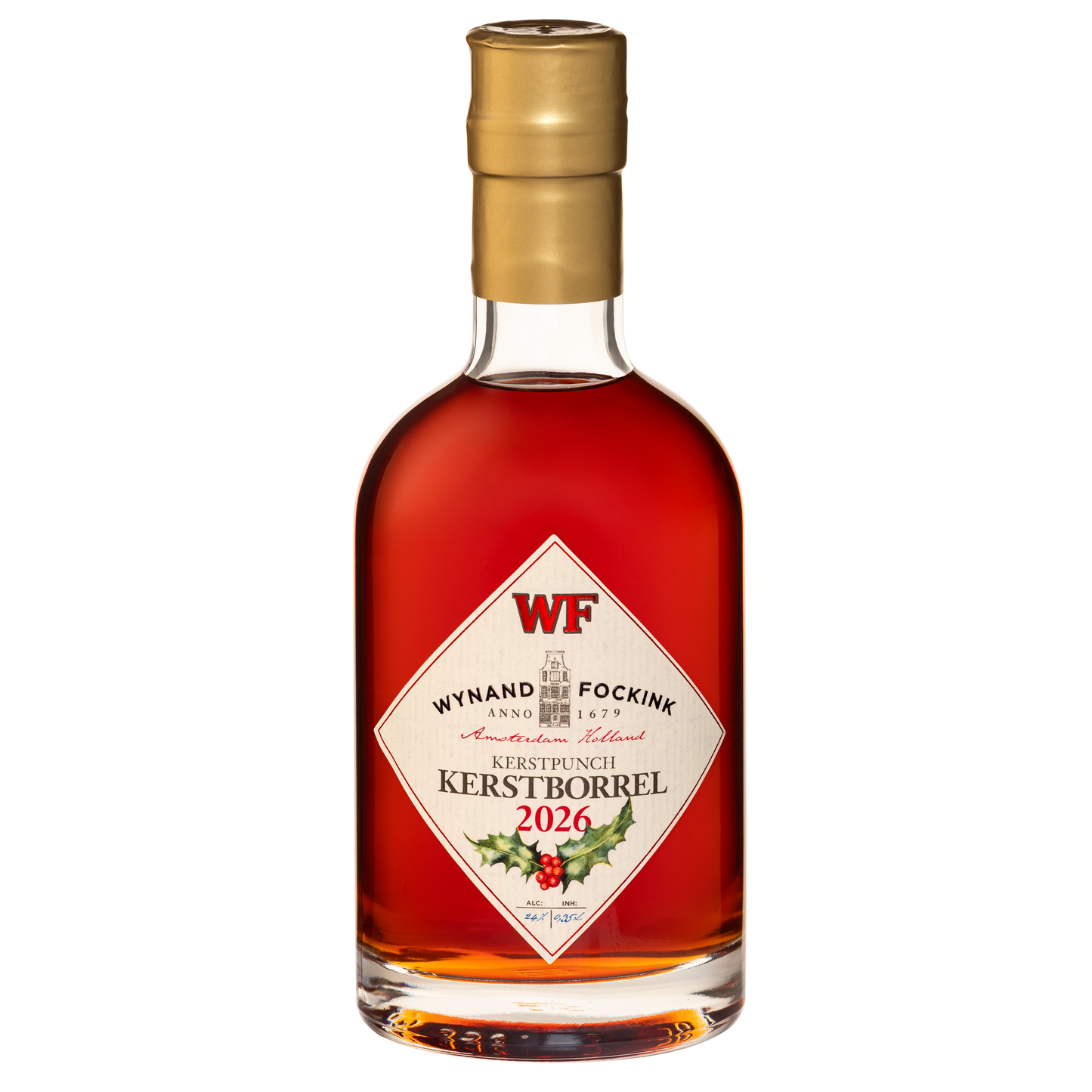 A bottle of Wyndand Fockink Kerstborrel 2026 liqueur with amber liquid, a cream diamond-shaped label with red and green holiday details, and a gold cap, isolated on a white background.